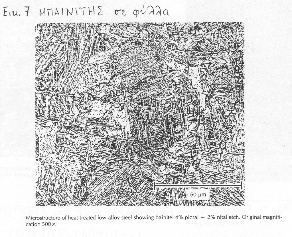 Εικ 46 Μεταλλογραφική εικόνα περλίτη, όπως παρατηρείται σε χάλυβα με 0,8% C μετά από χημική προσβολή με picral 4% Εικ 47 Μεταλλογραφική εικόνα μπαινίτη μετά από χημική προσβολή