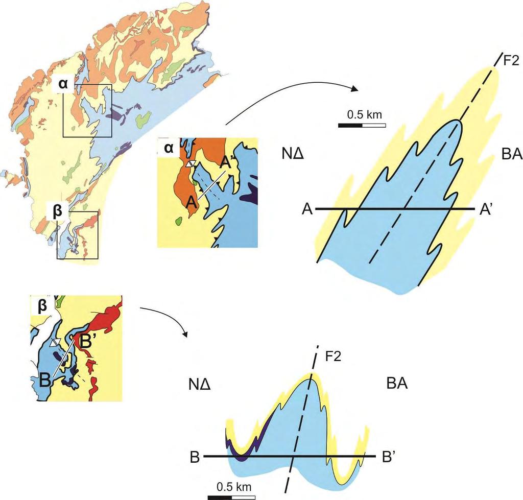 Εικόνα 3.14. Γεωλογικές τομές που απεικονίζουν αντίκλινα μεγασκοπικής κλίμακας της D 3 φάσης παραμόρφωσης, από τις περιοχές Χάρτες (α) και Φελλός (β).