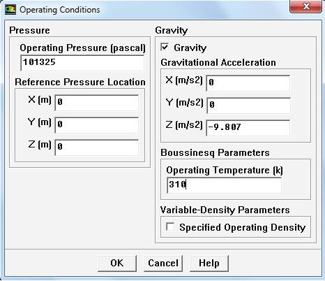 Εικόνα 27. Τίθεται η επίδραση της βαρύτητας στην επίλυση των εξισώσεων ροής, η οποία λαμβάνει τιμή 9.807m/sec 2. Ορίζετται η θερμοκρασία στους 310 ο Kelvin. Εικόνα 28.