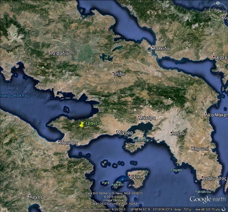22 Εικ 3.1. Γεωγραφική τοποθέτηση των Γερανείων στο νομό Κορινθίας (πηγή Google earth) Στην ευρύτερη έκταση υπάρχει αρχαιολογικό ενδιαφέρον και ιεροί ναοί, όπως το Ηραίο και το Δίκαστρο.
