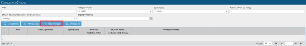 Με την επιλογή του υπομενού Υποβολή Αιτήσεων σε Πύλη/ΟΠΕΚΕΠΕ εμφανίζεται ένας κενός πίνακας στον οποίο κάνοντας κλικ στην επιλογή Νέα Εγγραφή πρέπει να καταχωρήσετε τον ΑΦΜ που θέλετε να
