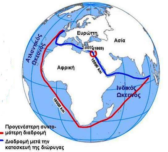 Σχήμα 3. Η επιρροή των Διωρύγων Σουέζ και Παναμά στις θαλάσσιες μεταφορές [31].