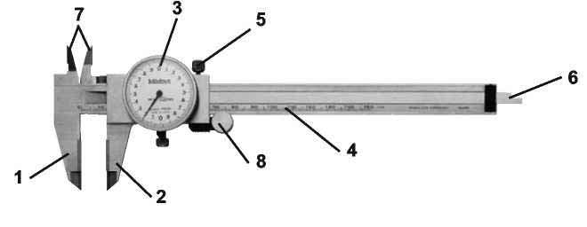Mekanizazio bidezko produkzioa 3. Izendatu marrazkiko kalibre erlojudunaren elementuak. 1.-... 2.-... 3.-... 4.-... 5.-... 6.-... 7.-... 8.-... 4. Izendatu marrazkiko sakonera-kalibrearen elementuak.