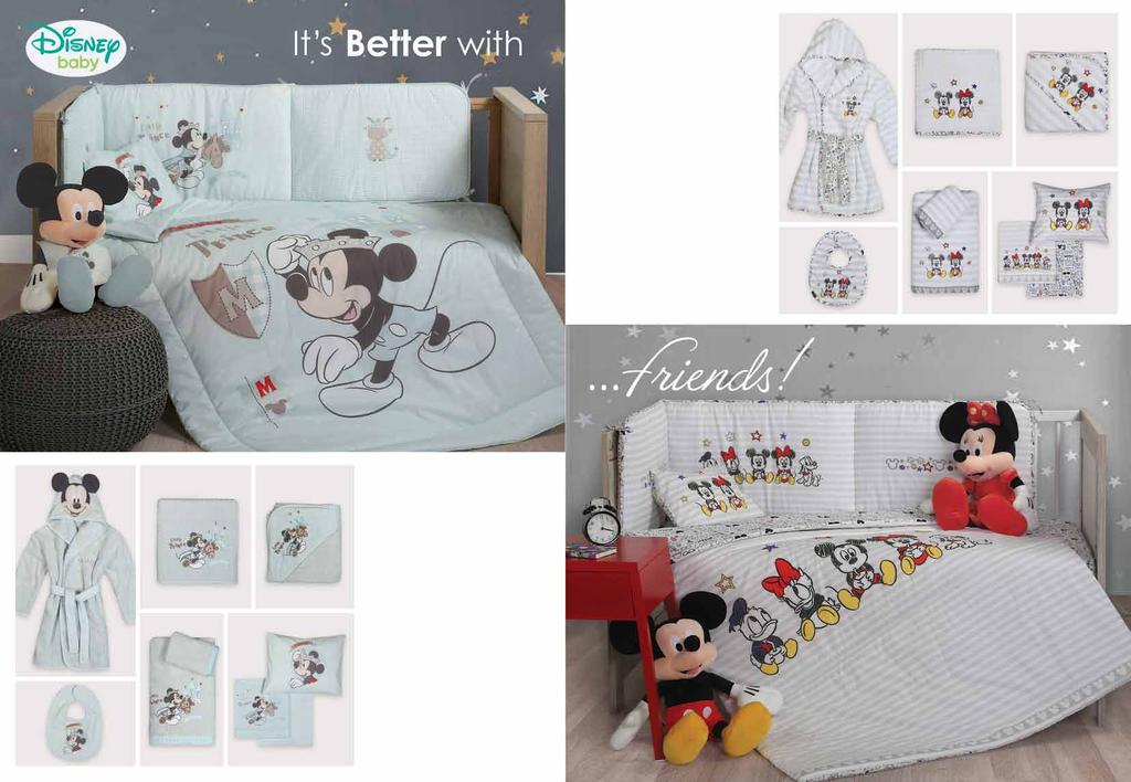 Mickey Best Friends από υφάσματα 100% βαμβακερά Σετ σεντόνια κούνιας, 2 σεντόνια 120x170 + 1 μαξιλ/κη 30x40 Πάντα κούνιας, 60+67+60x40 Koυβρ-λί κούνιας, 110x140 Πετσέτες σετ 2 τμχ, 30x50+70x140 Kάπα,