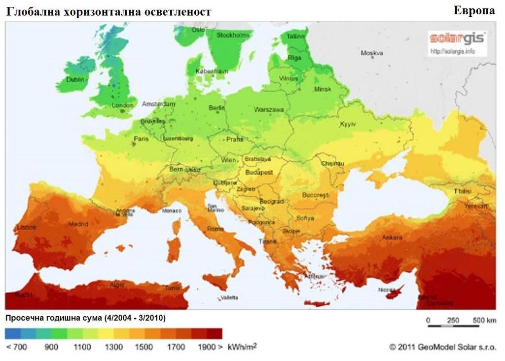 Слика 4: Мапа на сончево зрачење во Европа (Извор: SolarGIS 2011 GeoModel Solar s.r.o. 3 ) 3.1.1 Соларни термални технологии Соларното енергија се користи во системите за централно греење и за добивање на санитарна топла вода.