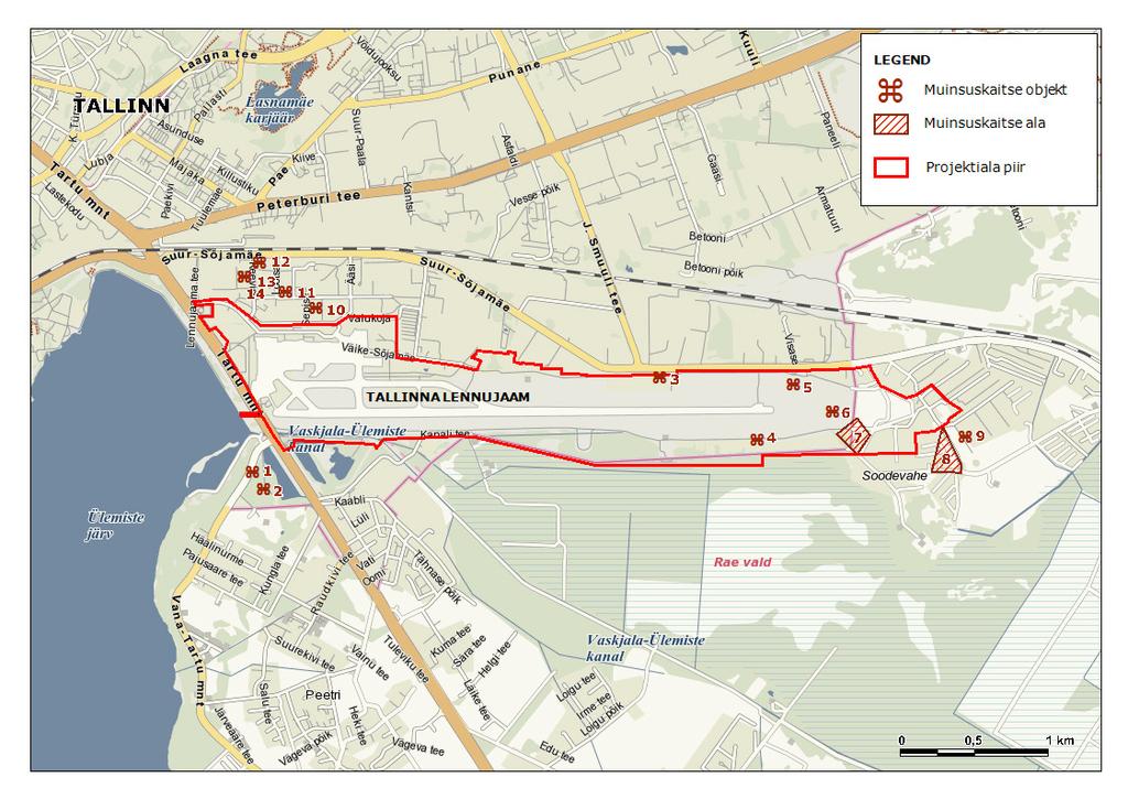 Joonis 8. Muinsuskaitsealad ja -objektid projekti mõjualas (Allikas: Kultuurimälestiste riiklik register, seisuga 23.01.