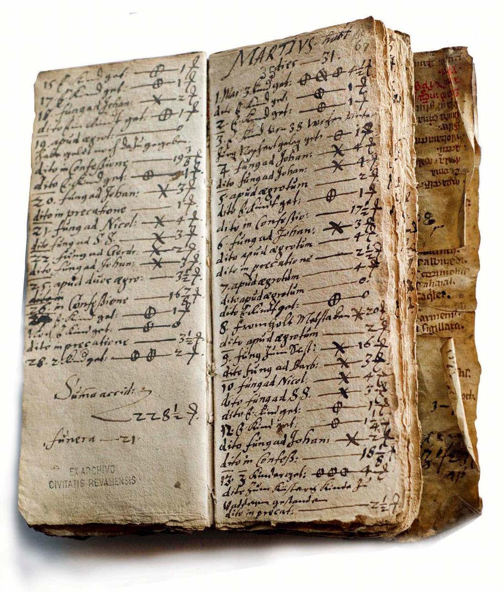 ARHIIVI AARE Pühavaimu kiriku abiõpetaja Georg Mülleri sissetulekuteraamat FOTOD: VALLO KRUUSER Georg Mülleri ülestähendused 1603.