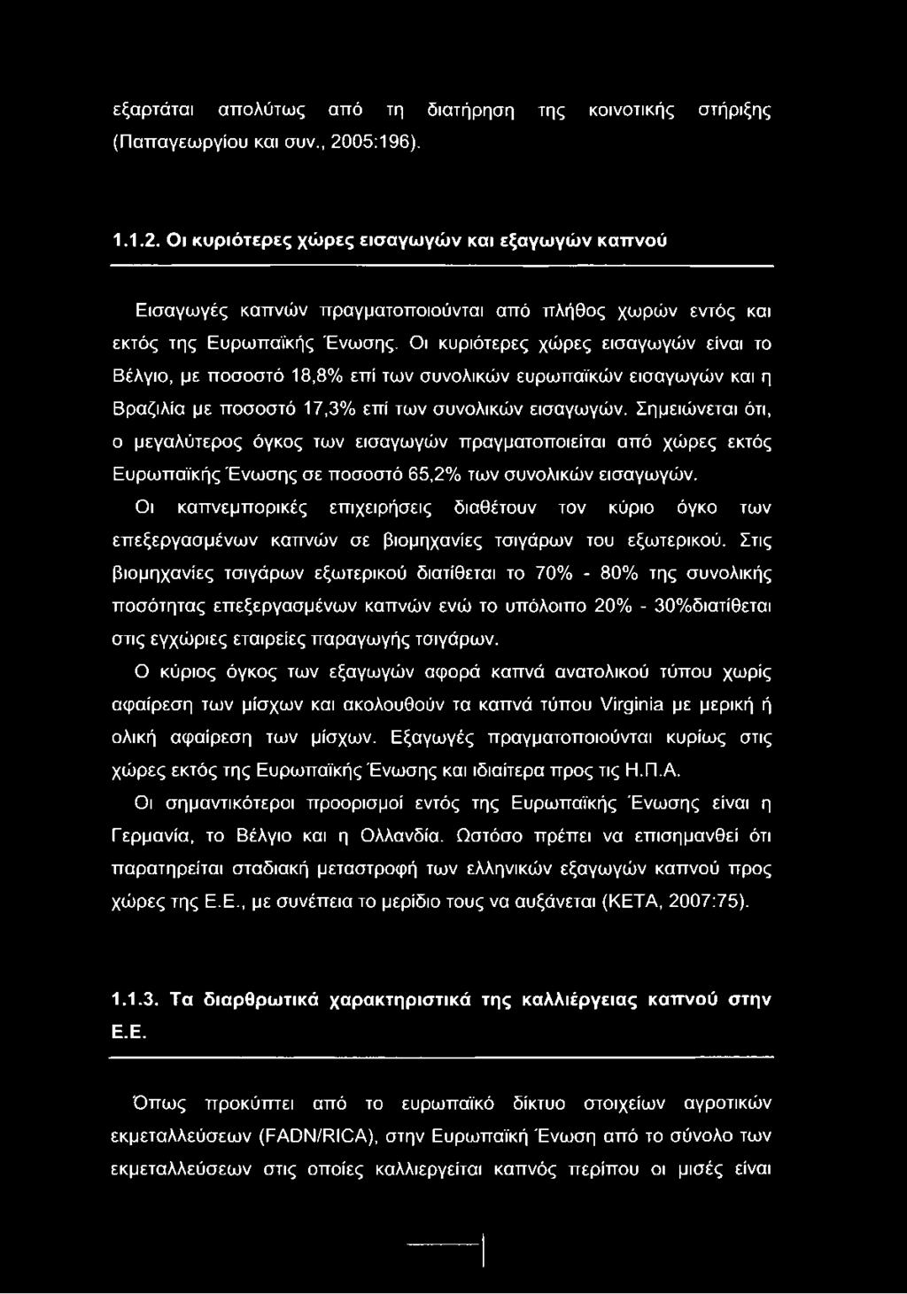 Οι κυριότερες χώρες εισαγωγών είναι το Βέλγιο, με ποσοστό 18,8% επί των συνολικών ευρωπαϊκών εισαγωγών και η Βραζιλία με ποσοστό 17,3% επί των συνολικών εισαγωγών.