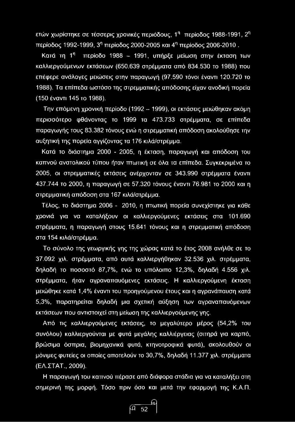 720 το 1988). Τα επίπεδα ωστόσο της στρεμματικής απόδοσης είχαν ανοδική πορεία (150 έναντι 145 το 1988).