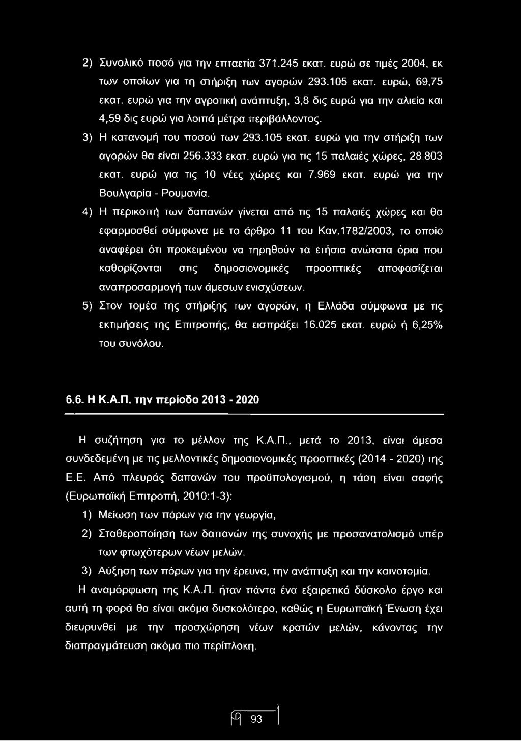 333 εκατ. ευρώ για τις 15 παλαιές χώρες, 28.803 εκατ. ευρώ για τις 10 νέες χώρες και 7.969 εκατ. ευρώ για την Βουλγαρία - Ρουμανία.