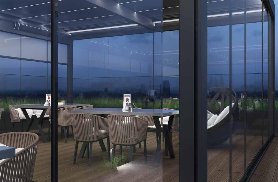 Sliding glass system Γυάλινο συρόµενο σύστηµα Dimmable Lighting LED Ρυθµιζόµενος φωτισµός LED Surround the pergola with a minimal and functional sliding glass system and convert it into a bioclimatic