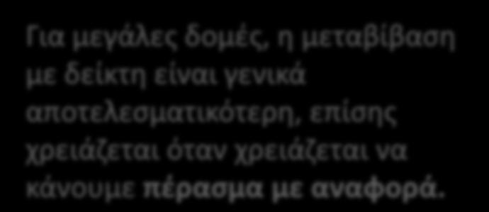 "xxxxx"); strcpy(p->lastname, "yyyyy"); p->gender = 'M'; p->age = 40; Για μεγάλες δομές, η μεταβίβαση με δείκτη είναι γενικά αποτελεσματικότερη,
