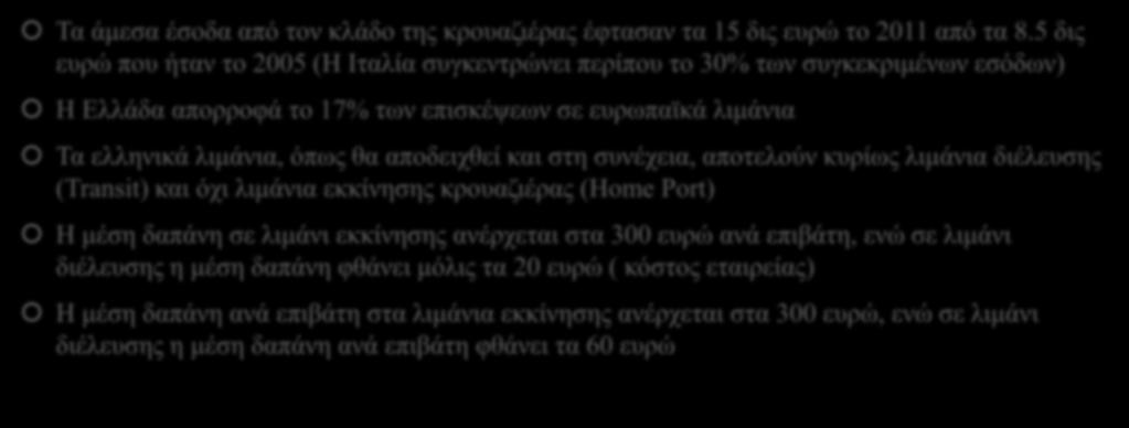 Ελληνικά οικονομικά δεδομένα Τα άμεσα έσοδα από τον κλάδο της κρουαζιέρας έφτασαν τα 15 δις ευρώ το 2011 από τα 8.