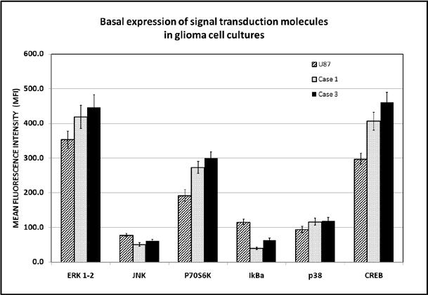 Nivelul de expresie pentru astfel de molecule-cheie relevante în semnalizarea implicată în carcinogeneza cerebrală ERK 1/2, JNK, P70S6K, IκBα, p38şi CREB a fost determinat în probe de ţesut tumoral