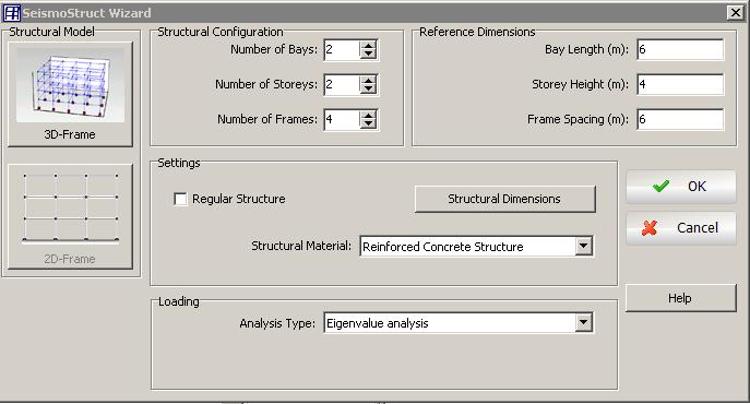 χρήση του wizard Επιλέγουμε: 1. 3D-Frame 2. Δίνουμε περιγραφικά την γεωμετρία 3. Μπαίνουμε στην καρτέλα Structural Dimensions αριθμός φατνωμάτων Αυτά είναι τα δεδομένα για την Άσκηση 12.