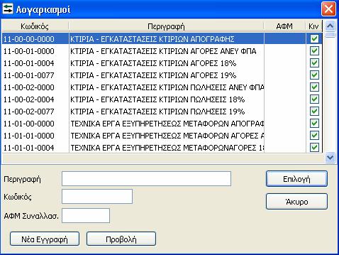 Σε περίπτωση που ο λογαριασμός αυτός δεν υπάρχει στη βάση επιλέγοντας το εικονίδιο ανοίγει η φόρμα επιλογής λογαριασμού 5. 6.