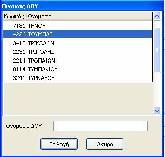 Έχουμε την δυνατότητα στο σημείο αυτό να πραγματοποιήσουμε αναζήτηση της Δ.Ο.Υ, είτε με τα βελάκια στα δεξιά της οθόνης, είτε πληκτρολογώντας στο πεδίο «Ονομασία Δ.Ο.Υ.» την ονομασία ή μέρος της ονομασίας της Δ.