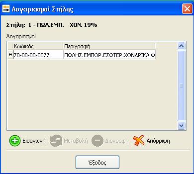 Ο χρήστης πρέπει να πατήσει Εισαγωγή και στο πεδίο Κωδικός να πατήσει F2 για να ανοίξει το λογιστικό σχέδιο και να επιλέξει τον λογαριασμό που επιθυμεί να ενημερώνει τη στήλη και Έξοδος.