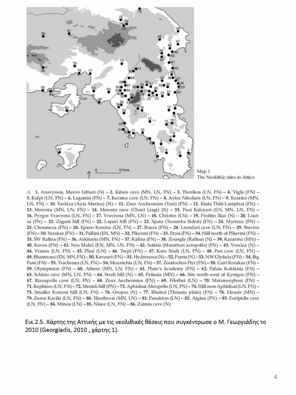 Map 1 The Neolithic sites in Attica Δ 1. Anavyssos, Mavro Lithari (N) - 2. Kitsos cave (MN, LN, FN) - 3. Thorikos (LN, FN) - 4. Vigla (FN) - 5. Kalpi (LN, FN) - 6. Lagonisi (FN) - 7.
