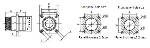 D38999/20 Flat flange receptacle Shell B Shell code A C Thread D E F G H J d1min d2min NO. 09 A 20.90 10.60 2.50 M12 1-6g 23.80 18.26 15.09 3.25 5.49 16.66 13.11 11 B 20.90 10.60 2.50 M15 1-6g 26.