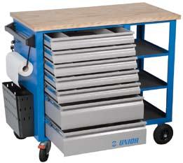 425x367 mm (5 ύψους 75 mm και 2 ύψους 55 mm) ξύλινη επιφάνεια εργασίας Στατικό φορτίο χωρίς τους τροχούς: 2300 kg αντοχή μικρών συρταριών: 25kg αντοχή μεγάλων