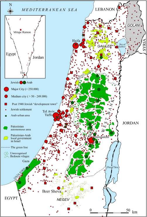 מדור מיוחד: מרחבים של הפרדה איור 4: הגיאוגרפיה האתנית של ישראל/פלסטין 2015 )לבן - קרקע בשליטה יהודית-ישראלית; ירוק בהיר קרקע בשליטה ערבית-ישראלית; ירוק כהה קרקע בשליטה פלסטינית(.