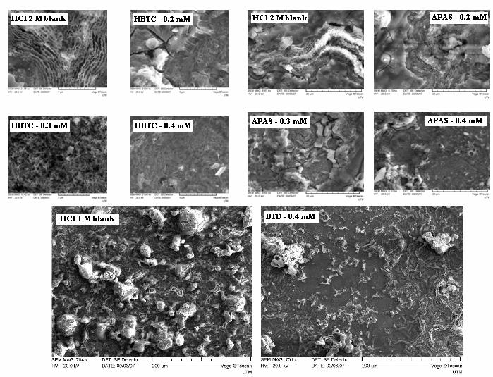 Figura3.Imaginile SEM ale suprafetelor de otel carbon, in absenta si in prezenta straturilor de HBTC, APAS si BTD Figura4.