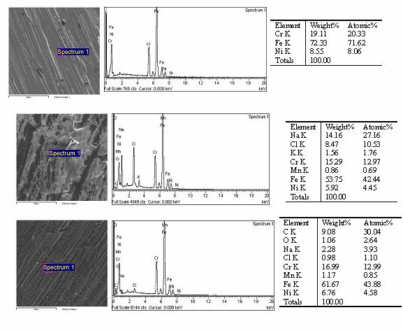 3b.2 Caracterizarea suprafetei Figura 6 prezinta analiza SEM/EDS a suprafetei otelului inoxidabil netratat si tratat cu APV corodat in solutie de ser fiziologic;se formeaza un strat poros, instabil,