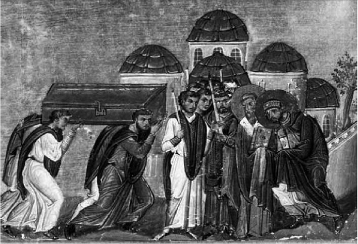 Ni{ i Vizantija XI 189 Сл. 2. Долазак моштију светог Јована Златоустог у Цариград, Менолог Василија II (Vat. gr. 1613) Fig. 2 Arrival of Relics of St.