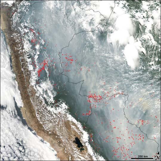 Скица 3. Стотине, вероватно хиљаде пожара горе у срцу јужноамеричког континента 20. 09. 2005. г. (http://earthobservatory.nasa.gov/naturalhazards/natural_hazards_v2.php3?