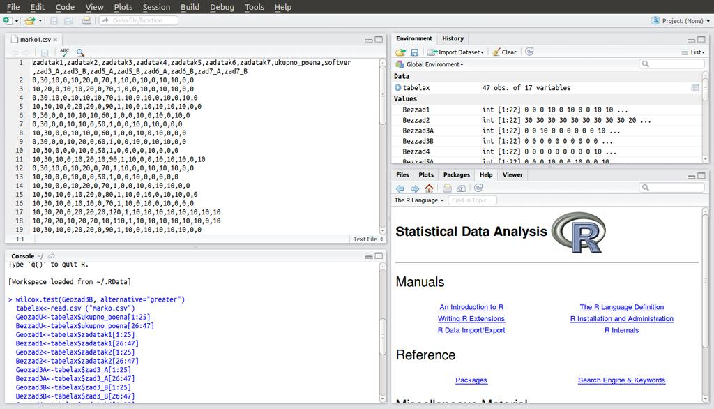 Слика 65. Окружење RStudio 7.3.2. Нумерички подаци Варијабле (промељиве) представљају обележје односно карактеристике објекта истраживања 79.