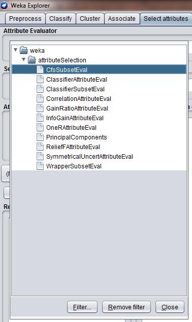 5.3.5. Select attributes Μία άλλη επιλογή στο Weka είναι επιλογή χαρακτηριστικών το Select attributes όπου περιλαμβάνει τα εργαλεία για την επιλογή σημαντικών χαρακτηριστικών εκεί η