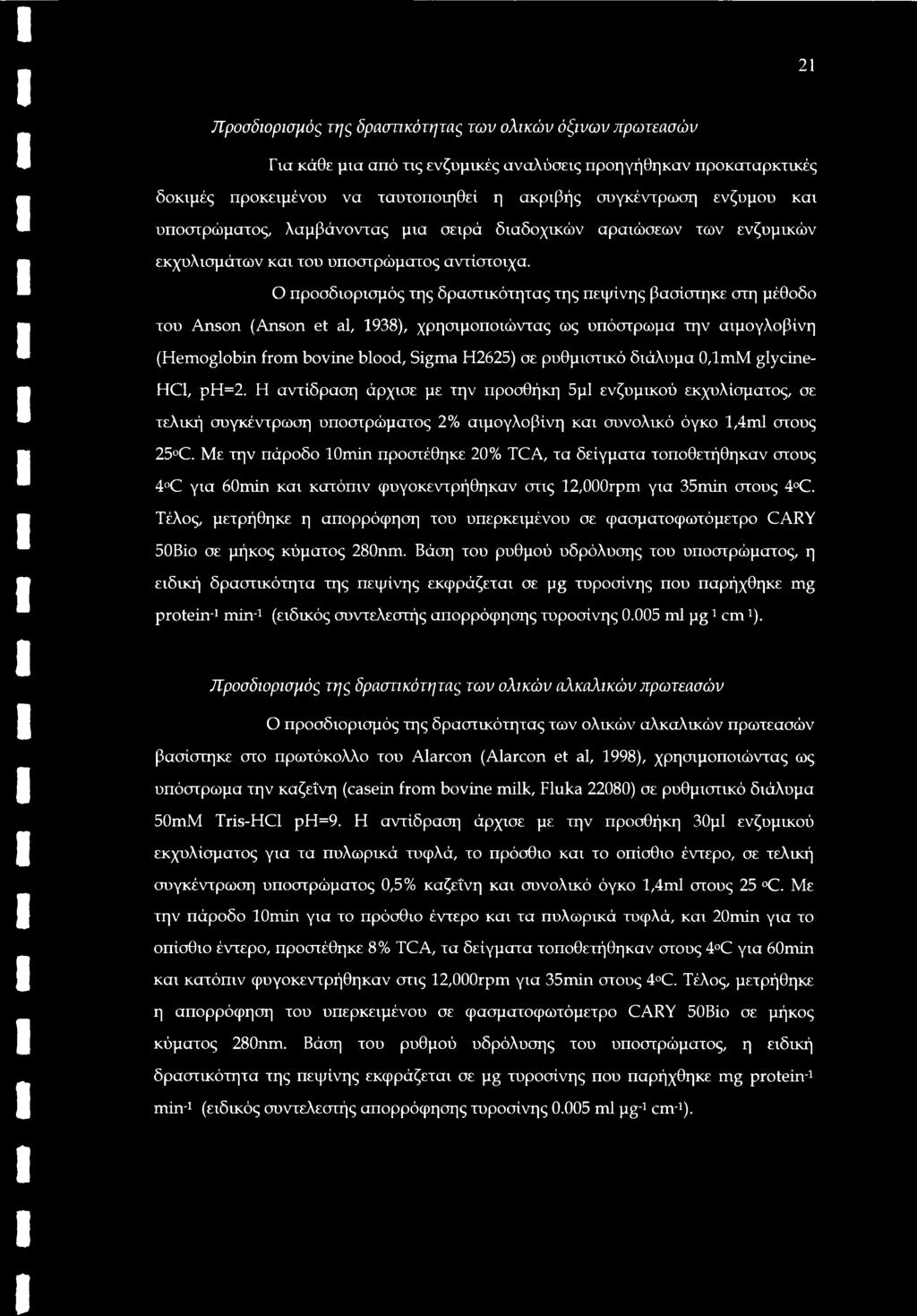 Ο προσδιορισμός της δραστικότητας της πεψίνης βασίστηκε στη μέθοδο του Anson (Anson et al, 1938), χρησιμοποιώντας ως υπόστρωμα την αιμογλοβίνη (Hemoglobin from bovine blood.