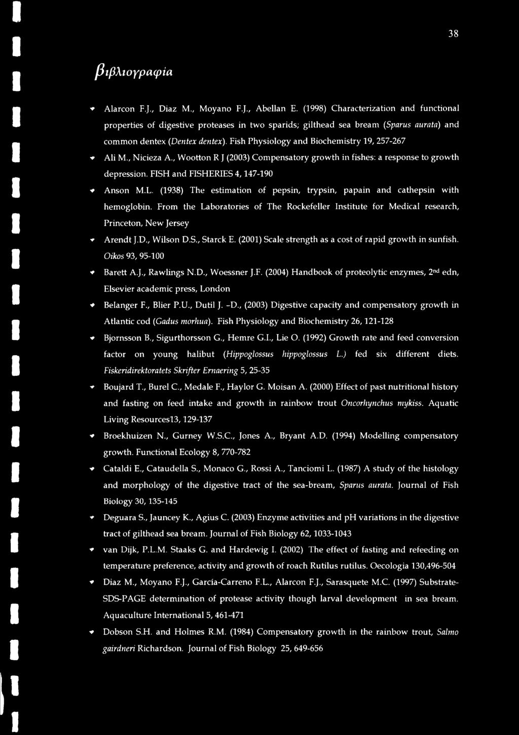 Fish Physiology and Biochemistry 19, 257-267 Ali M., Nicieza A., Wootton R J (2003) Compensatory growth in fishes: a response to growth depression. FISH and FISHERIES 4,147-190 * Anson M.L.