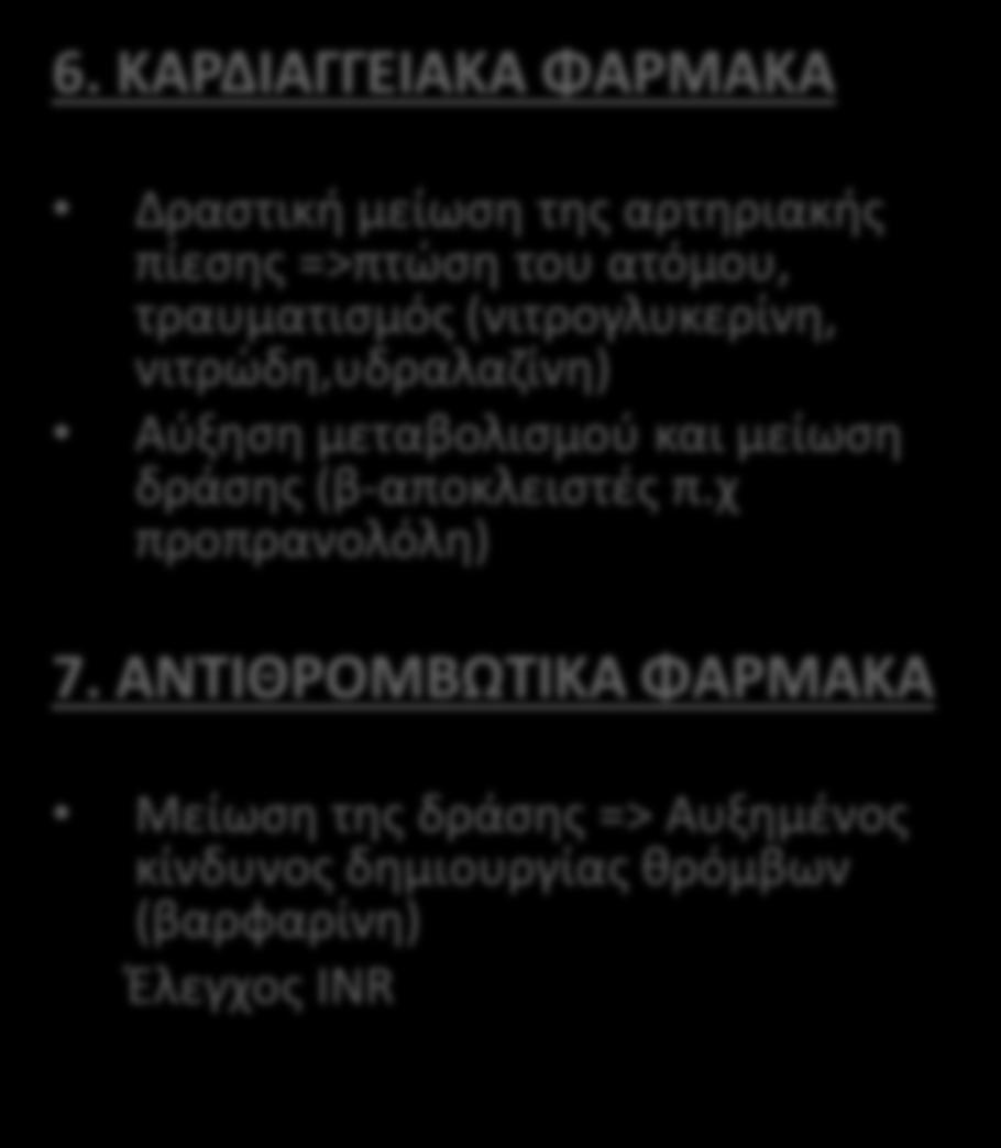 ΦΑΡΜΑΚΑ ΓΙΑ ΤΟ ΔΙΑΒΗΤΗ Αύξηση κινδύνου υπογλυκαιμικών επεισοδίων (ινσουλίνη με p.os. υπογλυκαιμικό) Προδιάθεση γαλακτικής οξέωσης (μετφορμίνη) 6.