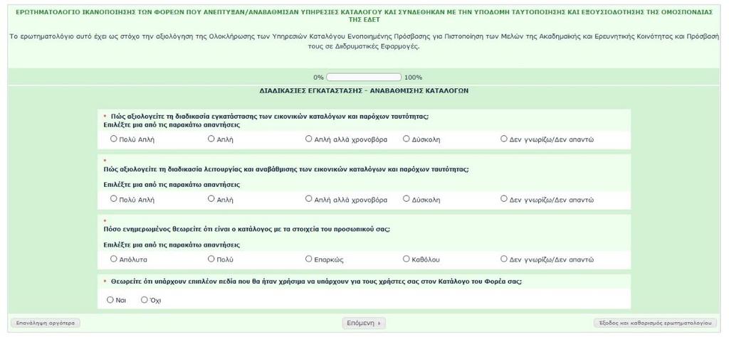Το ερωτηματολόγιο περιέχει 10 ερωτήσεις, οι οποίες είναι χωρισμένες σε 3 κατηγορίες, ανά θεματικό περιεχόμενο.