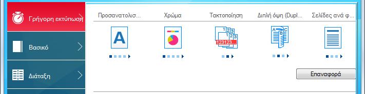 Εκτύπωση από υπολογιστή > Εκτύπωση από υπολογιστή Οθόνη ρυθμίσεων εκτύπωσης του προγράμματος οδήγησης εκτυπωτή Η οθόνη ρυθμίσεων εκτύπωσης προγράμματος οδήγησης εκτυπωτή σάς δίνει τη δυνατότητα να