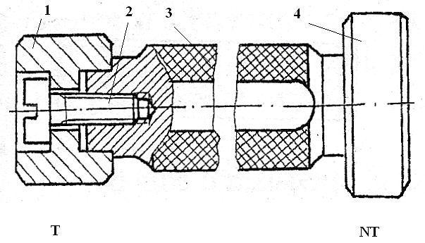 9 Calibre limitative pentru verificarea alezajelor 0 Calibru tampon dublu T şi NT, cu şurub de fixare Tabelul 3. 1 2 STAS 2981-88 Domeniu de dimensiuni: 30 100 mm; 1 parte T; 2 - şurub de fixare; 3.