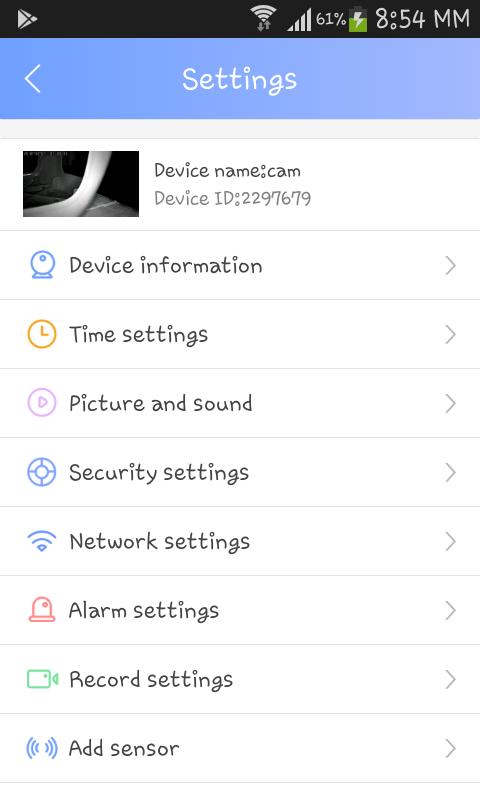 Μενού Ρυθμίσεων Επιλογή Επεξήγηση Time setting Picture and Sound Security Settings Network Setting Alarm Settings Record Settings Add sensors Device update Μετά την επιτυχή κωδικοποίηση της κάμερας,