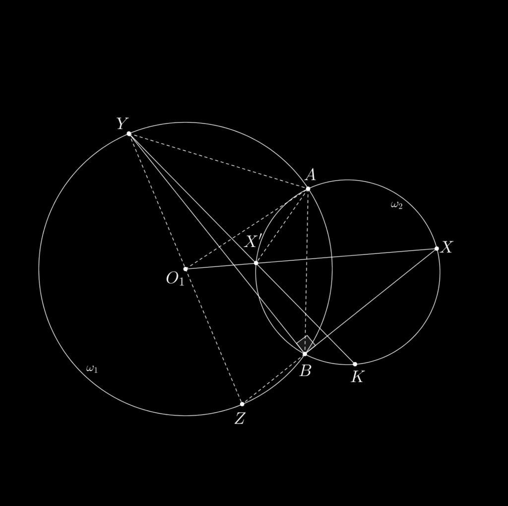 1.دو دایره ω ١ و ω ٢ به مراکز O ١ و O ٢ در نقاط A و B متقاطع اند. نقطه X را روي دایره ω ٢ در نظر بگیرید. از B بر BX عمودي رسم می کنیم تا دایره ω ١ را در نقطه Y قطع کند.