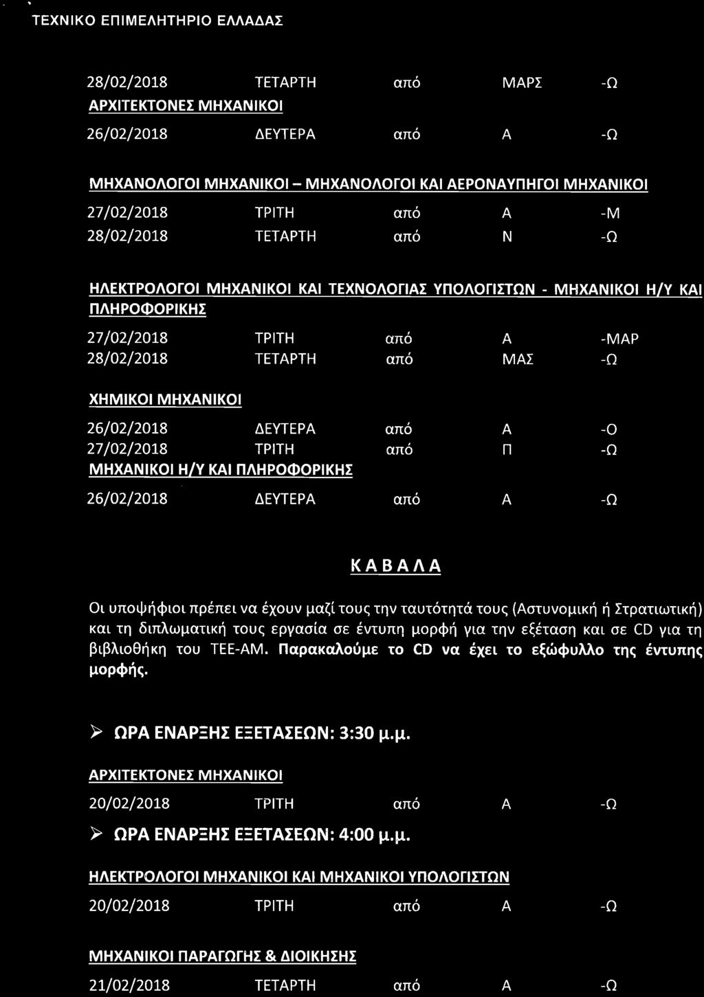 ΤΕΧΝΙΚΟ ΕΠΙΜΕΛΗΤΗΡΙΟ ΕΛΛΔΣ 28/02/2018 ΤΕΤΡΤΗ μαρς αρχιτέκτονεςμηχνικοι 26/02/2018 ΔΕΥΤΕΡ ΜΗΧΝΟΛΟΓΟΙΜΗΧΝΙΚΟΙ- ΜΗΧΝΟΛΟΓΟΙ ΚΙ ΕΡΟΝΥΠΗΓΟΙ ΜΗΧΝΙΚΟΙ 27/02/2018 ΤΡΙΤΗ -Μ 28/02/2018 ΤΕΤΡΤΗ Ν ΗΛΕΚΤΡΟΛΟΓΟΙ