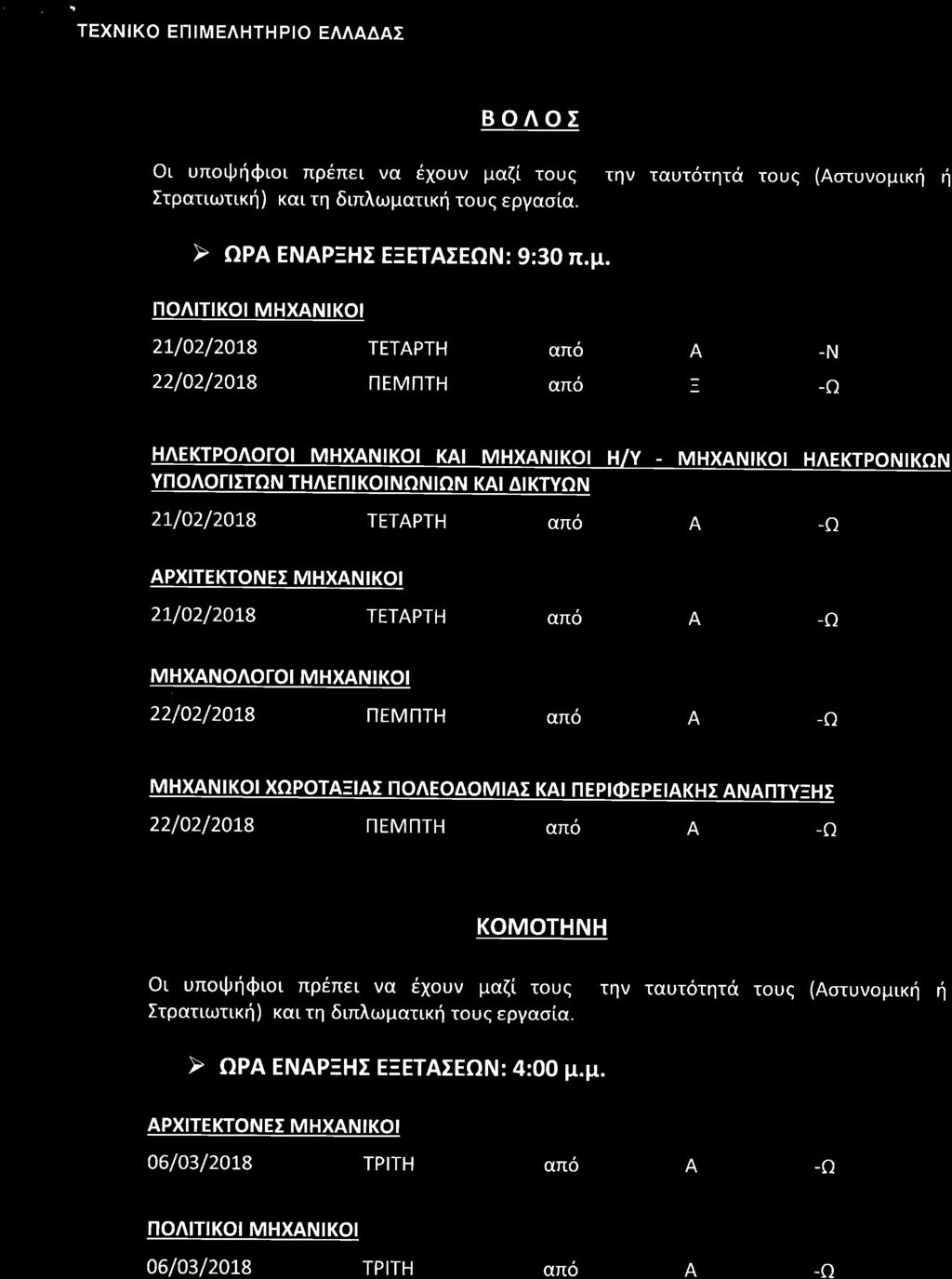 ΤΕΧΝΙΚΟ ΕΠΙΜΕΛΗΤΗΡΙΟ ΕΛΛΔΣ ΒΟΛΟΣ Οι υποψήφιοι πρέπει να έχουν μα