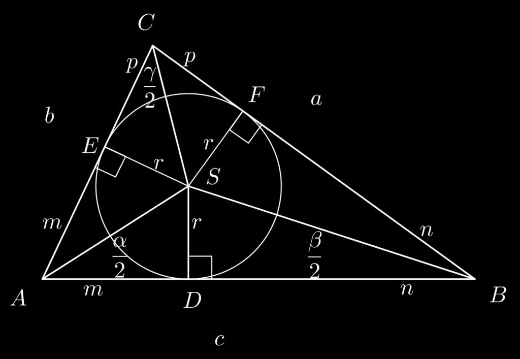 c = m + n, s = 1 (a + b + c), s = m + n + p. Slika 8: Trikotnik ABC, s tangentnimi odseki m, n, p.