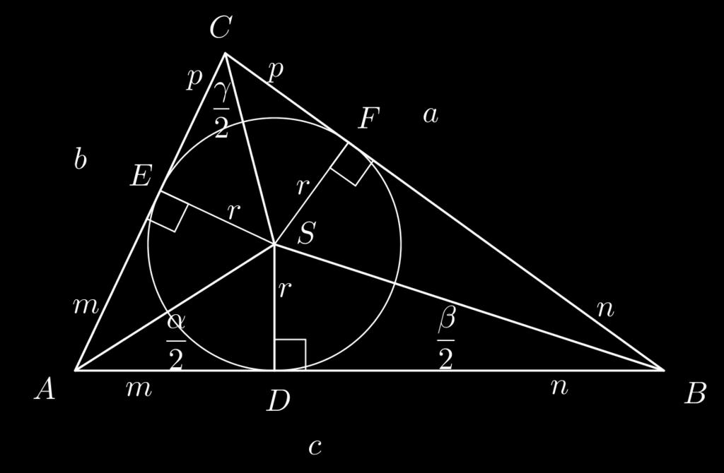 Slika 9: Trikotnik ABC, s tangentnimi odseki m, n, p. s = m + n + p.