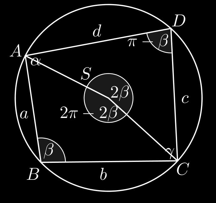 Poljubno izberemo tri oglišča A, B, C štirikotnika ABCD, v katerem je vsota dveh nasprotnih kotov 180, kar prikazuje slika 1.