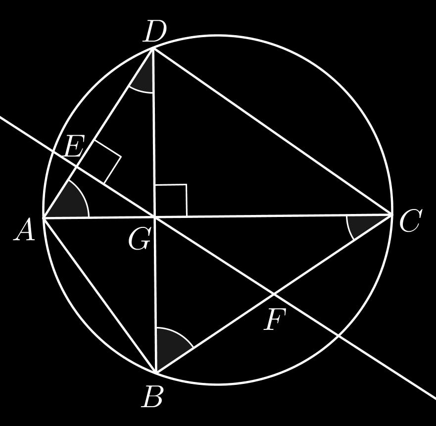 Dokazati moramo, da je BF = F C = GF. Slika 16: Ortodiagonalni tetivni štirikotnik ABCD.