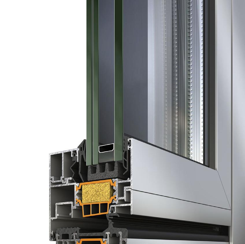 Εξαιρετικά επίπεδα θερμομόνωσης με U f 0,67 W/m 2K χάρη στη χρήση υαλοενισχυμένων πολυαμιδίων πλάτους 54 mm αφρώδους μονωτικού υλικού και μονωτικών ράβδων Kooltherm.