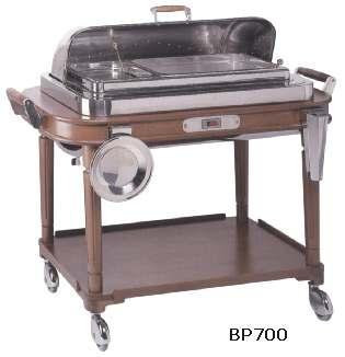 BP700 Cărucior de servire, structură din lemn, cuvă şi capac din inox, robinet evacuare condens, capacitate 1 cuvă GN1/1 + 1 cuvă GN1/2 h 150 mm, suport pentru cuţite, suport pentru farfurii,
