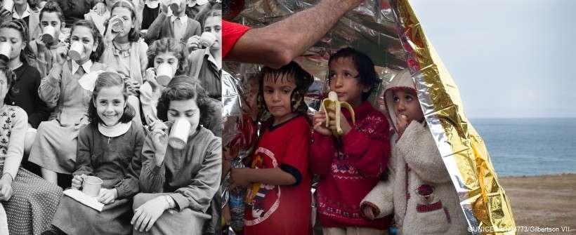 Γύρω στο 1950 στην Ελλάδα, κορίτσια πίνουν γάλα σε ένα σχολείο της Αθήνας στους Αμπελόκηπους.