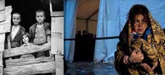 Στην Ελλάδα γύρω στο 1949, παιδιά κοιτούν μέσα από ένα πρόχειρο κατάλυμα.